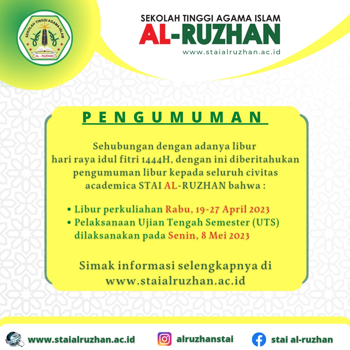 PENGUMUMAN LIBUR LEBARAN DAN UTS