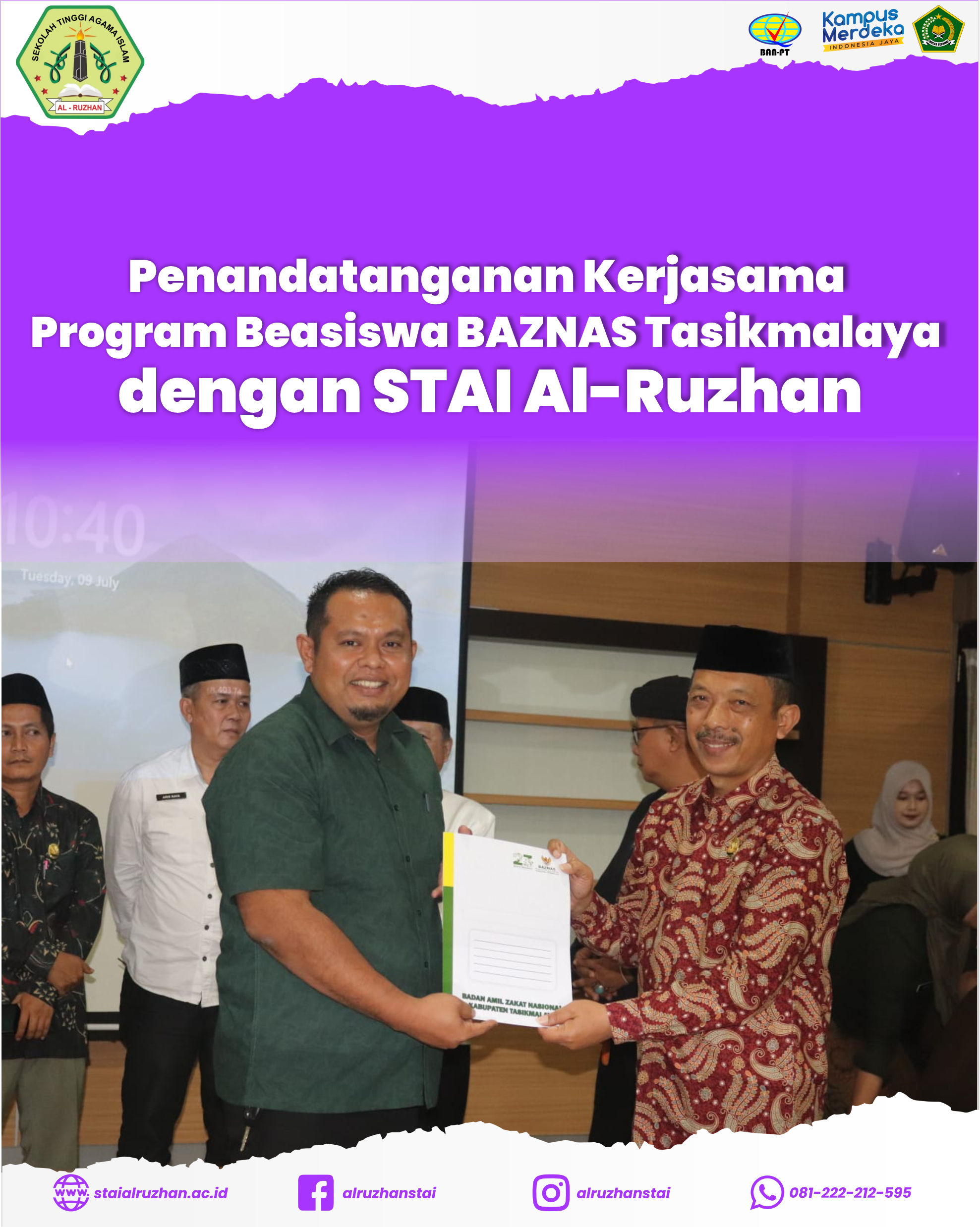Penandatanganan Kerjasama Program Beasiswa Kuliah antara BAZNAS Tasikmalaya dengan STAI Al-Ruzhan